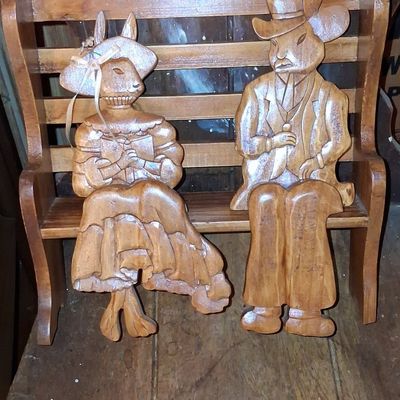 Sale Photo Thumbnail #767: Vintage Hand-Carved Wooden Rabbit Couple on Bench