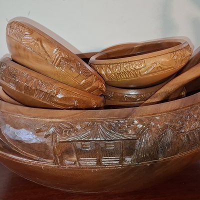 Sale Photo Thumbnail #507: Vintage Hand-Carved Monkey Pod Wood Salad Serving Set with Village Scene