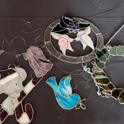 Stained Glass Suncatcher Lot - Christmas Mouse, Bird, Wreath