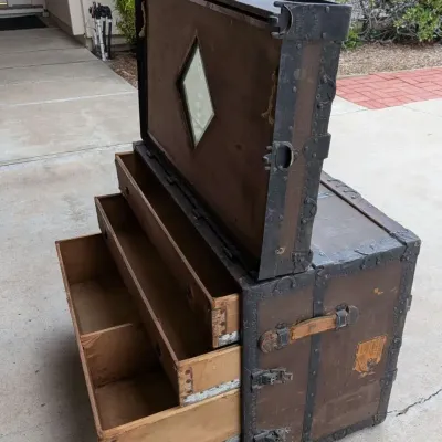 Antique Flat-Top Traveling Wardrobe Steamer Trunk - Wood Slat Iron Banding