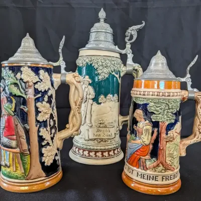 German Beer Stein Lot of 3 - Pewter Lids, Hand-Painted Relief Scenes