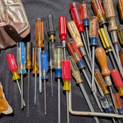 Screwdriver Collection and Files with Vintage Folding Chair