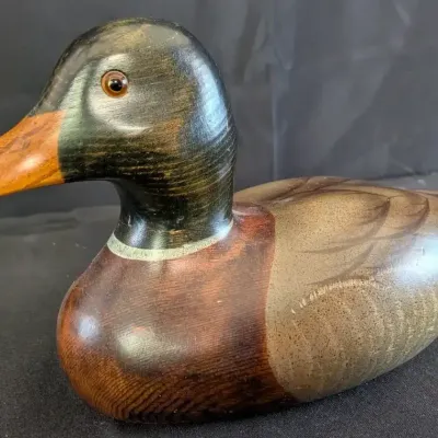 Carved Wood Mallard Duck Decoy - Glass Eyes, Detailed Finish