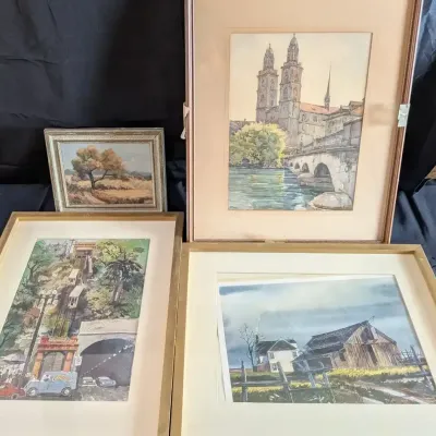 Framed Watercolor & Painting Lot of 4 - Angels Flight & More