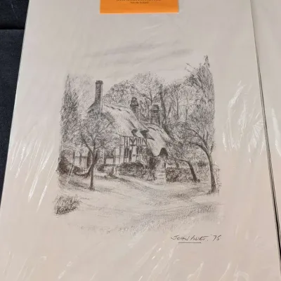 1975 Print "Anne Hathaway's Cottage (from the Orchard)"  & Church of the Holy Trinity-  John Burt.