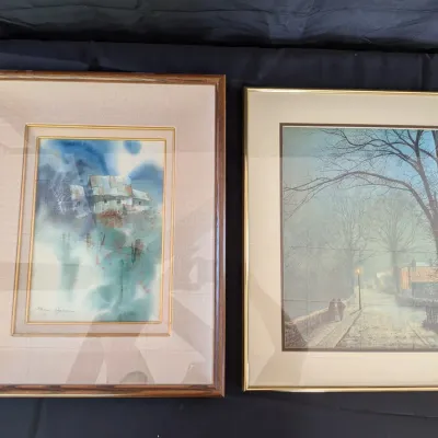 Framed Art Lot of 2 - Signed Watercolor & Nocturne Print