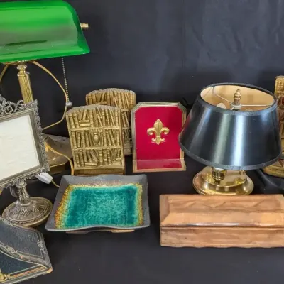 Library Desk Decor Lot - Bankers Lamp, Bookends & More