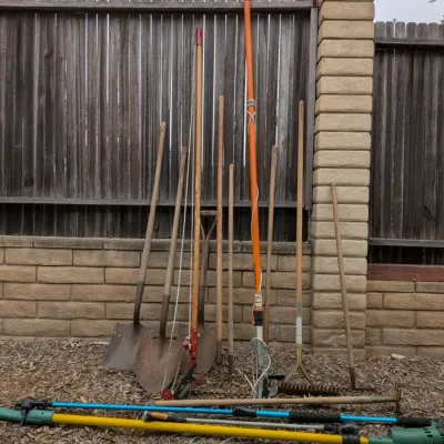 Long-Handled Garden Tool Lot - Shovels, Pole Pruners, Rakes