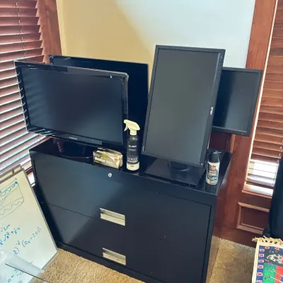 Monitors & file cabinet