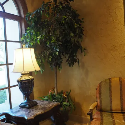 Sale Photo Thumbnail #59: Large artificial decorative tree in an ornate planter with additional greenery at the base. Tall-scale décor appropriate for vaulted ceilings, entryways, clubhouses, or commercial spaces.