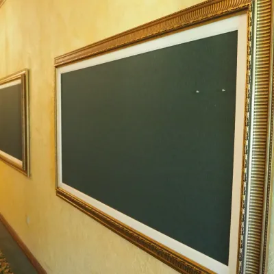 Sale Photo Thumbnail #2: Oversized framed display or chalk board with an ornate antiqued frame and wide white inner border. A substantial statement piece suitable for a clubhouse, restaurant, office, event space, or large residential wall. 74"w x45h"