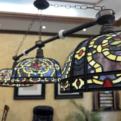 Large 3-Light Tiffany-Style Stained Glass Billiard Chandelier