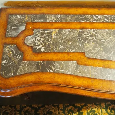 Sale Photo Thumbnail #150: Substantial traditional console table featuring extensive carved scroll and leaf detailing, shaped legs, and a decorative lower stretcher. Rich wood finish and architectural styling make this an attractive foyer, sofa, or hallway piece. 58"wx20"d*33.5h