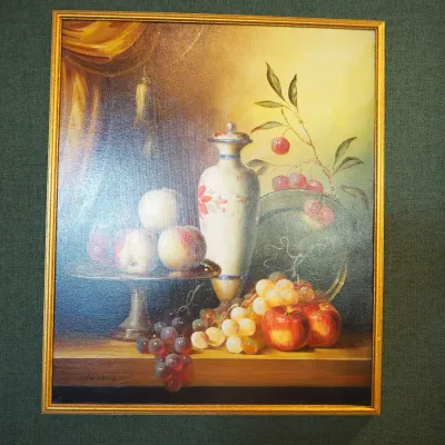 Sale Photo Thumbnail #68: Traditional still life depicting fruit, grapes, and decorative vessels, dramatically presented with an oversized deep-green surround and antiqued decorative frame. 60.5*70.5