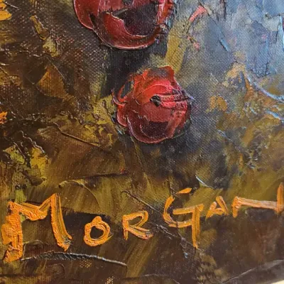 Sale Photo Thumbnail #66: Large framed landscape depicting a hillside overlooking a colorful field of red and white poppies. Signed “Morgan” at lower right and presented in a substantial dark wood-tone frame with ornate inner molding. Artist attribution to be confirmed.