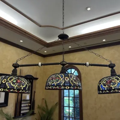 Large 3-Light Tiffany-Style Stained Glass Billiard Chandelier