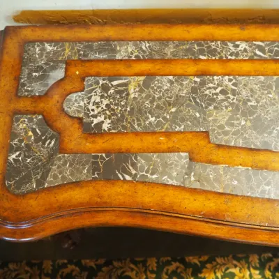 Sale Photo Thumbnail #149: Substantial traditional console table featuring extensive carved scroll and leaf detailing, shaped legs, and a decorative lower stretcher. Rich wood finish and architectural styling make this an attractive foyer, sofa, or hallway piece. 58"wx20"d*33.5h