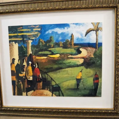 Sale Photo Thumbnail #78: Colorful contemporary golf scene depicting golfers overlooking a lush course with water and palm trees. Loose painterly styling with warm earth tones and greens, professionally matted in a substantial decorative frame.