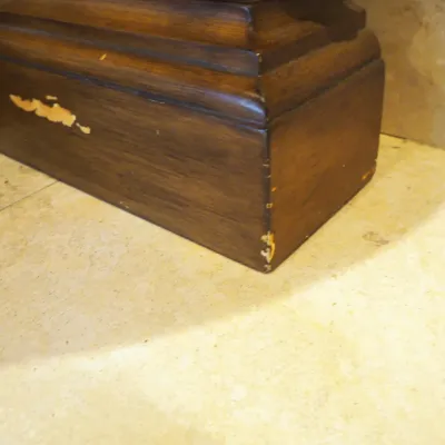 Sale Photo Thumbnail #48: Large ornate console or entry table featuring a stone or marble-style top, carved wood base, decorative drawer fronts, and substantial turned legs. Designed as a statement foyer piece and formerly used in an upscale clubhouse setting. 68"w*28"d*37"h