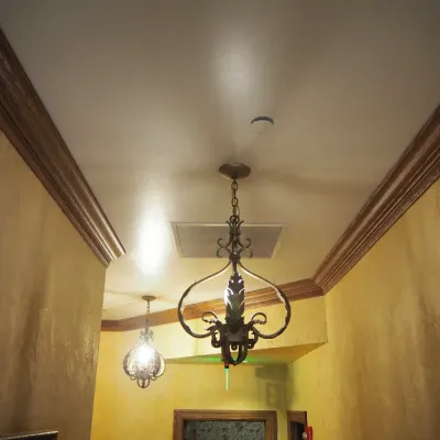 Sale Photo Thumbnail #15: Traditional hanging chandelier featuring ornate iron scrollwork and leaf-inspired detailing in an antiqued finish. A distinctive Old World fixture suitable for a hallway, foyer, or intimate dining area. Buyer responsible for removal.