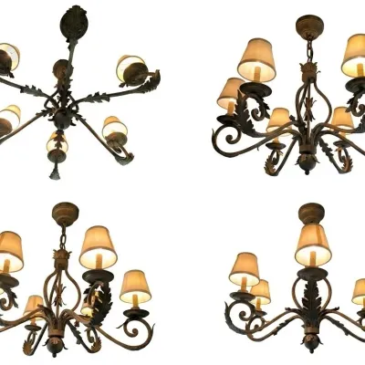 Sale Photo Thumbnail #92: Substantial traditional chandelier featuring scrolling metal arms, dimensional leaf detailing, and coordinating fabric shades. Antiqued bronze/gold finish with elegant Old World design. Buyer responsible for removal. Approx 38" round