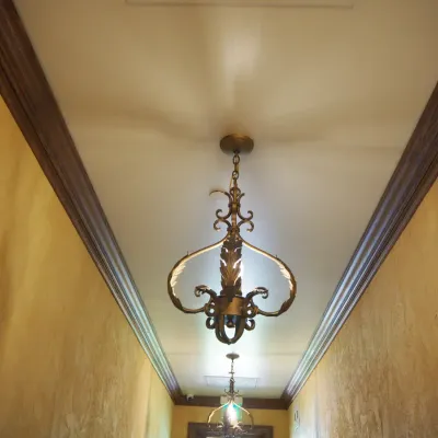 Sale Photo Thumbnail #14: Traditional hanging chandelier featuring ornate iron scrollwork and leaf-inspired detailing in an antiqued finish. A distinctive Old World fixture suitable for a hallway, foyer, or intimate dining area. Buyer responsible for removal.