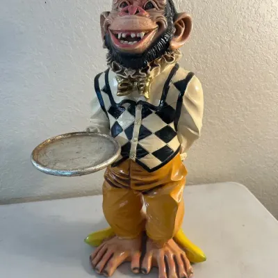 Resin Suited Monkey Butler W/ Serving Tray Statue 21” Tall