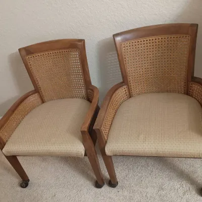 Pair Of Vintage Henredon? Wood/Cane Chairs On Casters