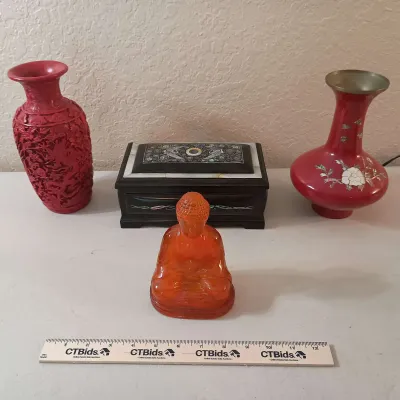 Vintage Asian Collectibles - Red Enamel Vase, Orange Slag Glass Buddha, Cinnabar Vase+