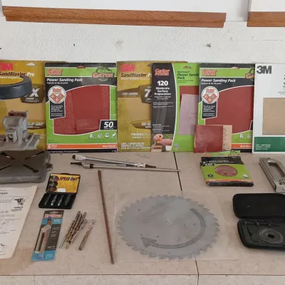 Drill Press, Power Tool Accessories - Sandpaper, Drill Bits, Saw Blade, Laser Guide, Stapler++