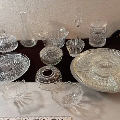 Vintage Crystals / Glassware - Relish Tray, Candy Bowls, Fostoria, Decanter++
