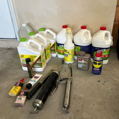 Garage Chemicals - 3 Muriatic Acid, 3 Rust Aid, Grease Guns, Lubricants+++