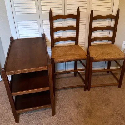 Vintage Wood 3 Tier Side Table & 2 Ladder Back Chairs