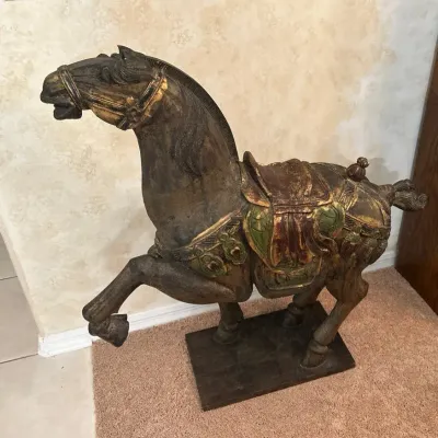 Rustic Chinese Terracotta Army Style VERY LG Painted Wood Horse 41” Tall