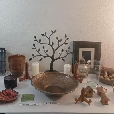 Decor #4 - Metal Tree, Bowl, Metal Baskets, Copper Birdhouses+++