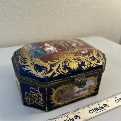 Late 1800’s Sèvres Revival France Blue Porcelain & Gilt Jewelry Casket 