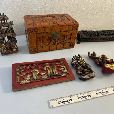 Asian Art - Carved Wood Box, Incense Burner, carved wood Opera Performers+
