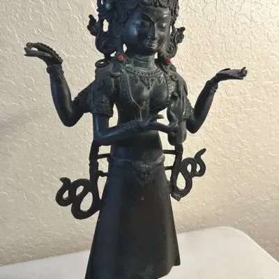 Vintage/Antique Tibet Bronze? Bodhisattva Sculpture W/ Multiple Arms & Inlaid Stones