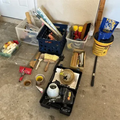 Paint Lot - Wagner Sprayer, Brushes, rollers, Great stuff, new 20 lb Quikrete++