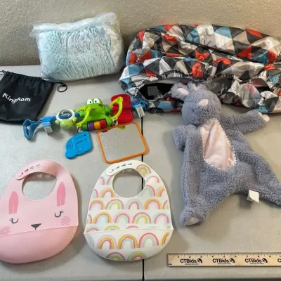 Baby Lot - Infant Diapers, Silicone Bibs, Bunny Rattle++