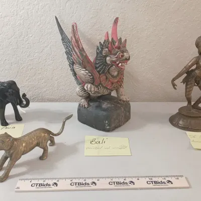 Southeast Asia - Bali wood Lion, Brass Tiger, Brass Goddess, Elephant