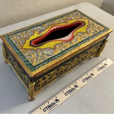 Italian Hand Painted Gilt Wood Tissue Box 12x6x5