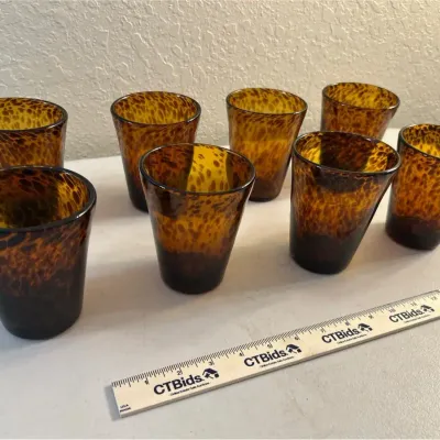 Set Of 8 Hand Blown Tortoise Shell Highball Glasses 