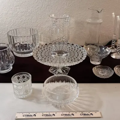 12 Pc Vintage Crystal/Glassware- Chimney, Cake Plate, Bowls, Candlesticks+++