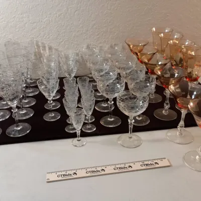 Etched Floral Crystal Glassware Set, Amber Crystal Partial Set