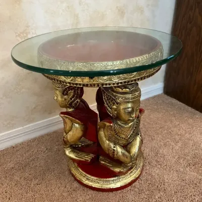 Red & Gilt Lacquered SE Asia carved wood Table w/glass  18x18x18