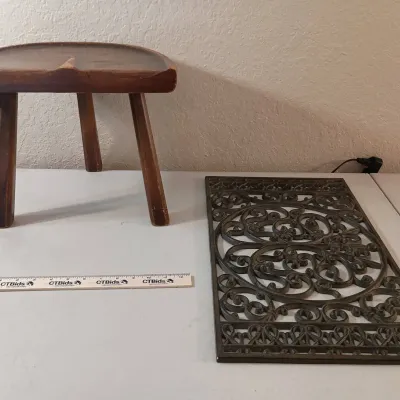 Vintage- wood Stool, Cast Iron Door Mat