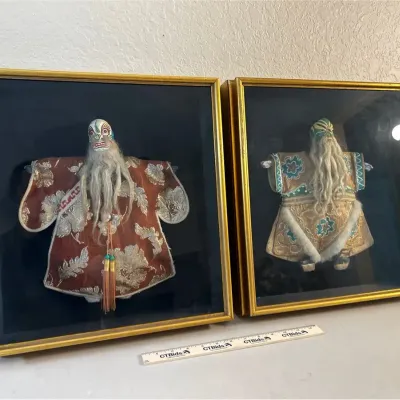 2 Vintage Framed Chinese Budaixi Opera Puppets 15x17