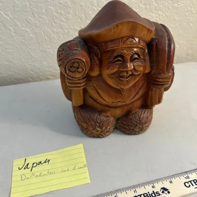 Japanese Folk Art Wood Carved Daikokuten Statue 