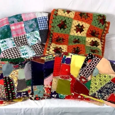 Handmade Afghan and Quilt Top With Pieced Fabric Squares 